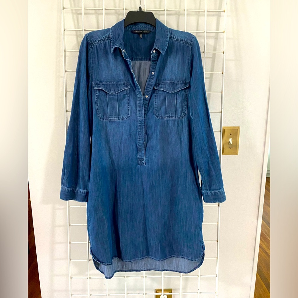 White House black market 12 denim dress blue long sleeve v neck
